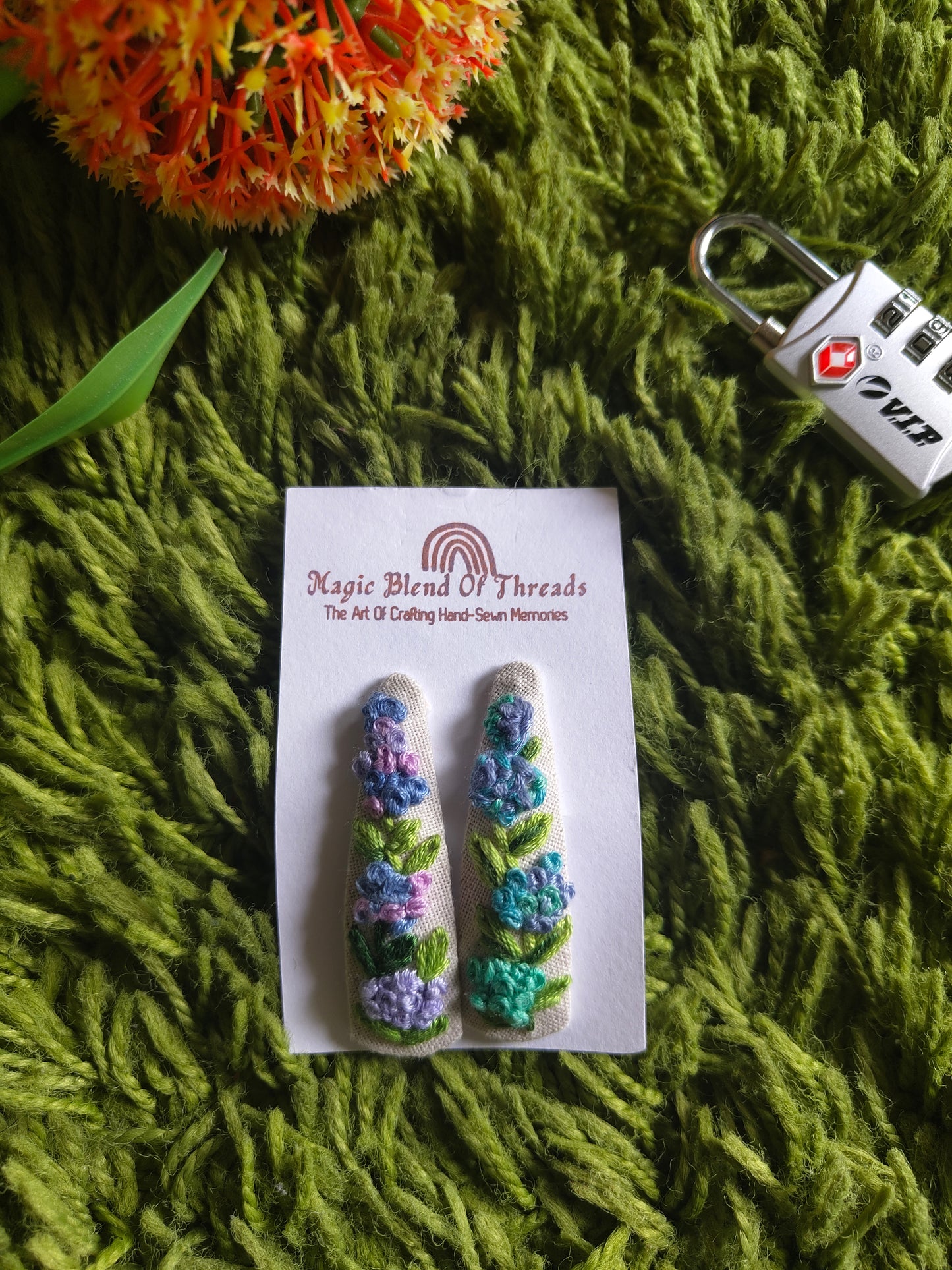 Hand-Embroidered Floral Hair Clips
