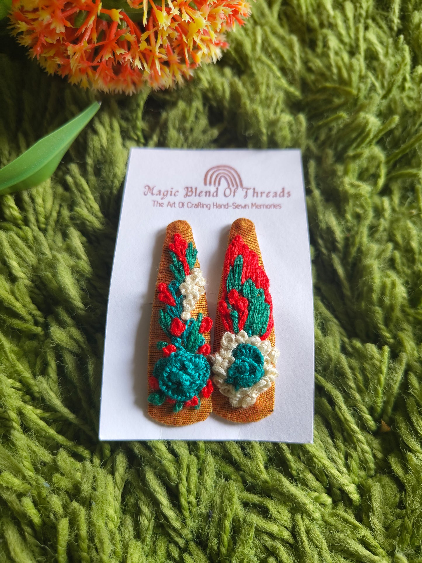 Hand-Embroidered Floral Hair Clips